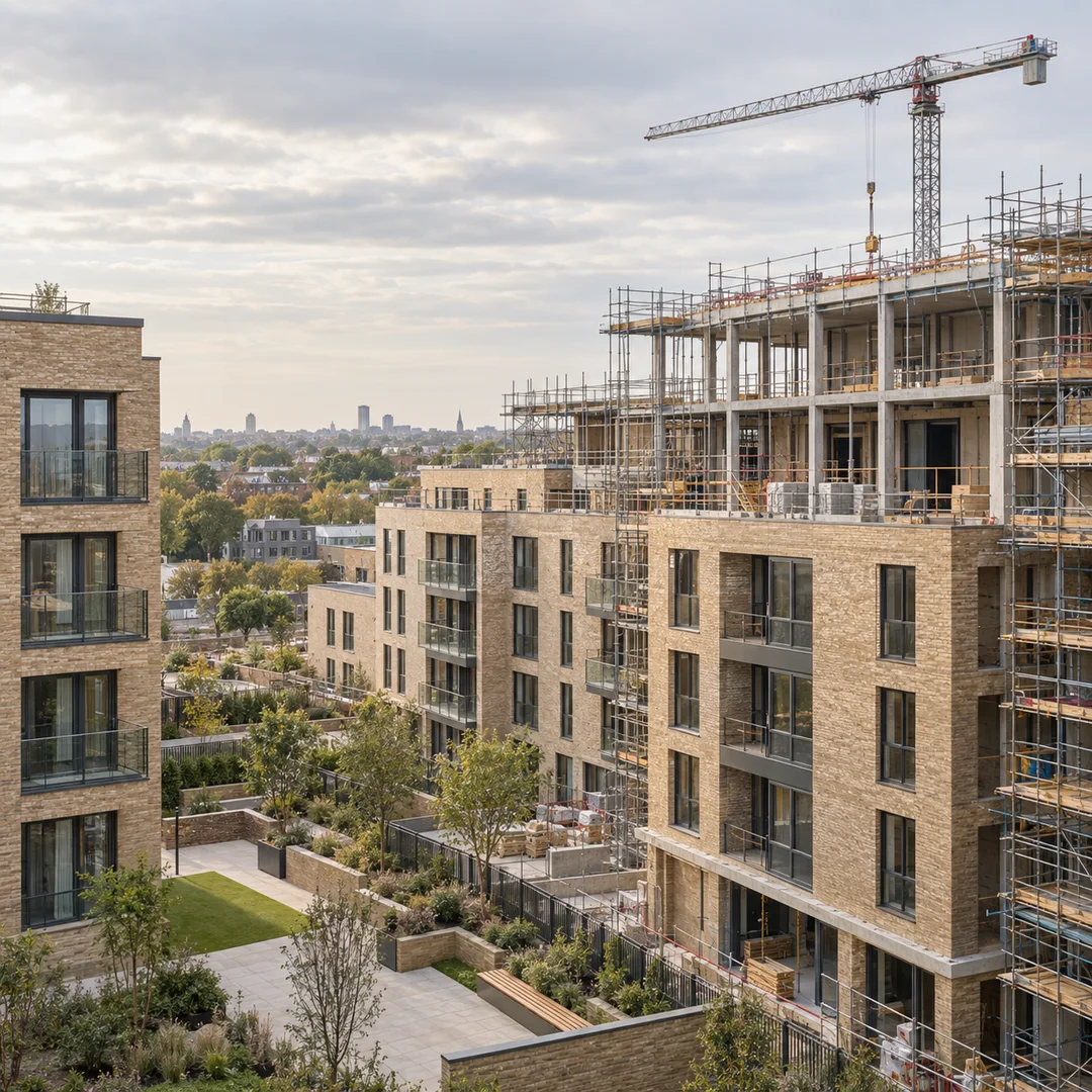 British apartment buildings under construction, with brick facades, scaffolding and a tower crane